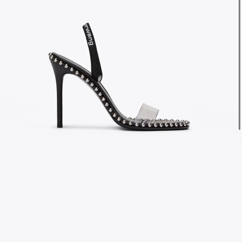 Alexander Wang Black Studded Clear-strap Stiletto Sandal with Logo Sling